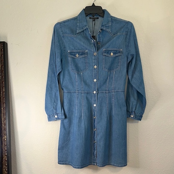 Blue Denim Notched Collar Cuffed Sleeve Shirt Dress - Picture 1 of 6